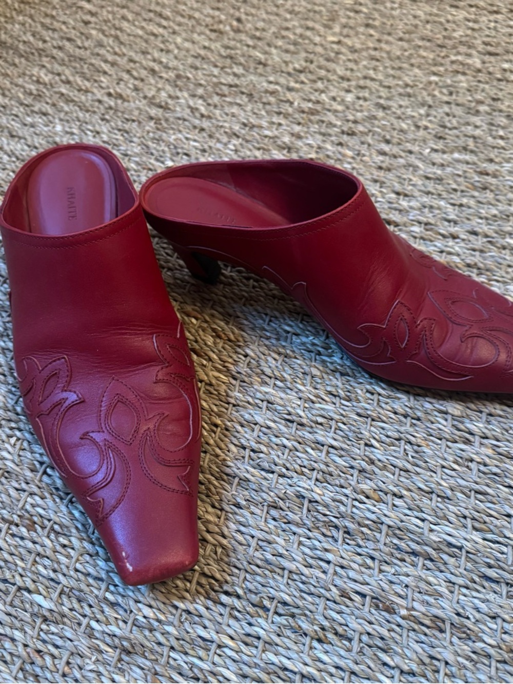 KHAITE Red Leather Madison Western Mule Heels